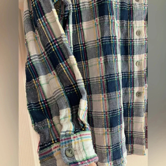 Lemon Grass Women's Textured Button Down Shirt Large Blue Pink Plaid Artsy - Picture 12 of 15